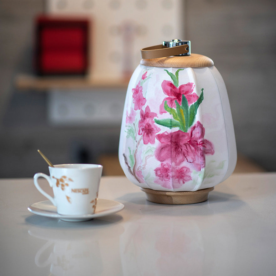 Traditional Chinese Leather Wood Stainless Steel Fabric Flower Bamboo Leaf Rechargeable LED Hanging Table Lamp For Bedside