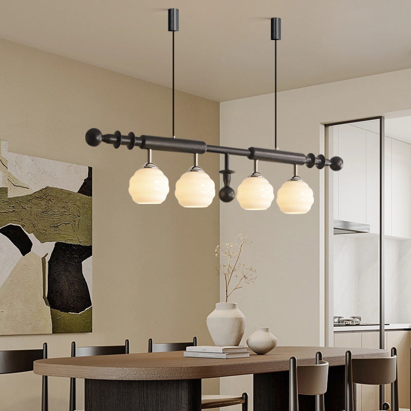 ثريا جزيرة خشبية زجاجية طويلة مستديرة تقليدية عتيقة بأربعة مصابيح لغرفة الطعام