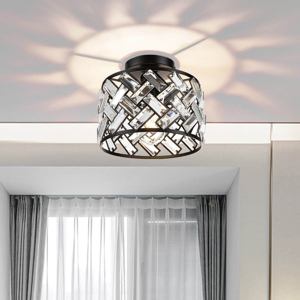 Modern Minimalist Round Metal Crystal 1-Light Semi-Flush Mount Ceiling Light For Living Room
