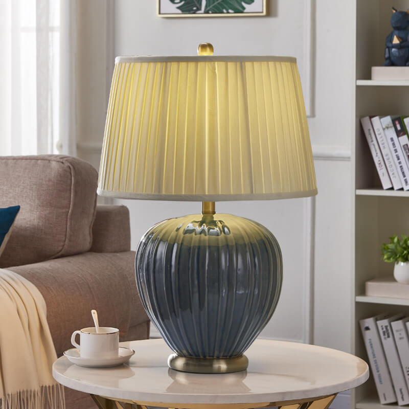 Chinese Vintage Pleated Canvas Shade Ceramic Vase Base 1-Light Table Lamp