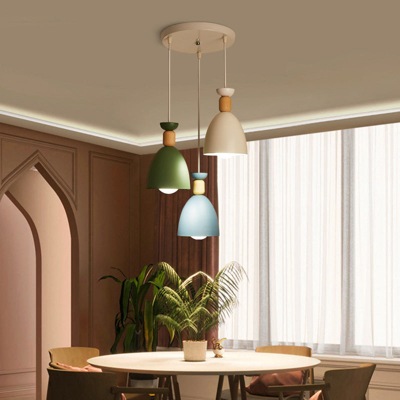 Modern Minimalist Round Cone Iron Wood 1/3 Light Island Light Chandelier For Dining Room