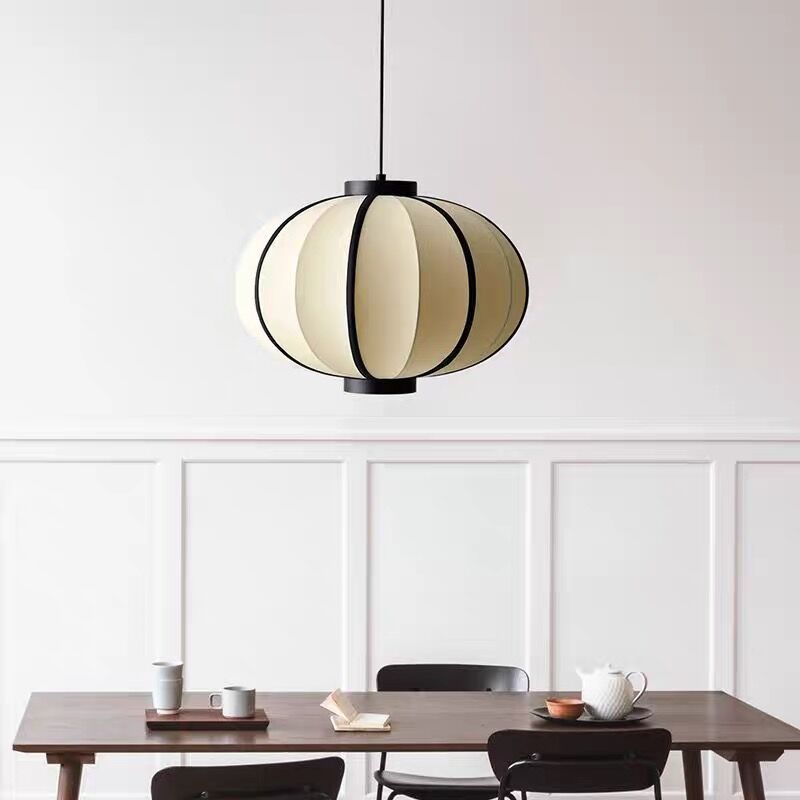 Traditional Chinese Fabric Lantern Iron Frame 1-Light Pendant Light For Living Room