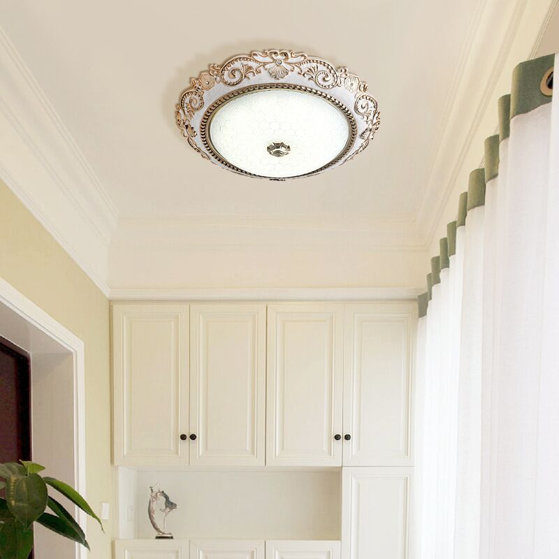 European Retro Round Carved Lace Resin Glass LED Flush Mount Ceiling Light