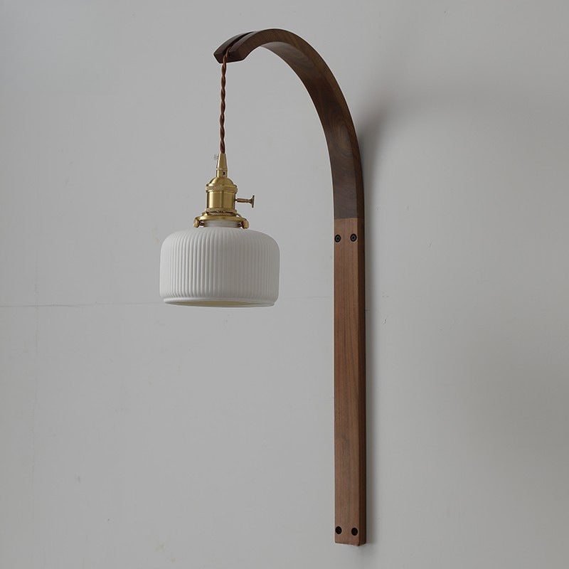 Traditional Japanese Round Ceramic Glass Shade Wood Curved Pole 1-Light Wall Sconce Lamp For Living Room