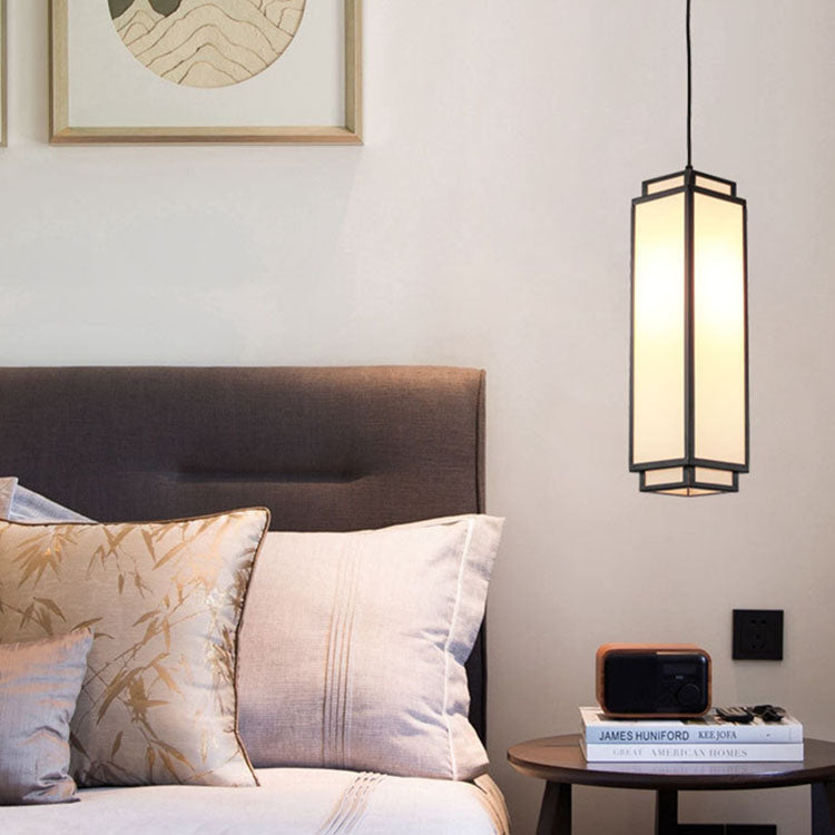 Traditional Chinese Rectangle Iron Fabric 1-Light Pendant Light For Living Room