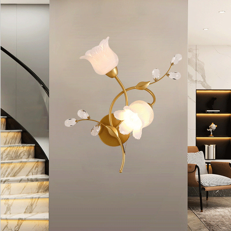 Modern Art Deco Flower Hardware Glass Crystal 2-Light Wall Sconce Lamp For Living Room