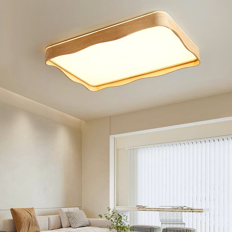 Japanese Original Wood Square Ripple Design LED Flush Mount Ceiling Light