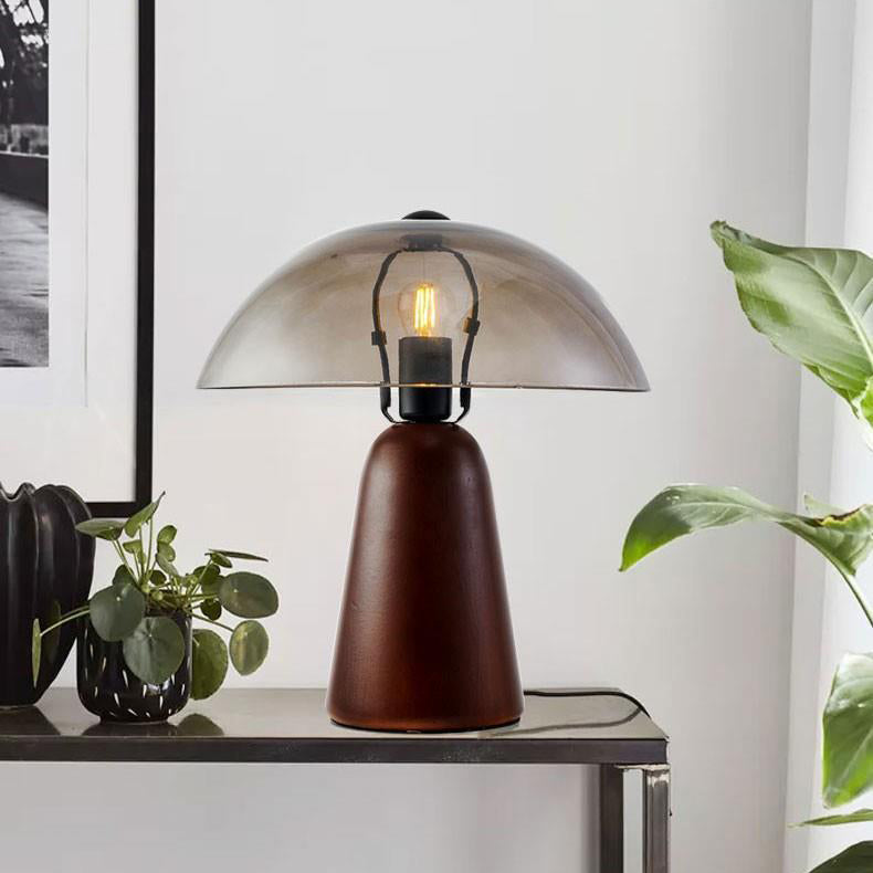 Modern Eclectic Clear Glass Dome Shade Solid Wood Base 1-Light Table Lamp For Bedroom