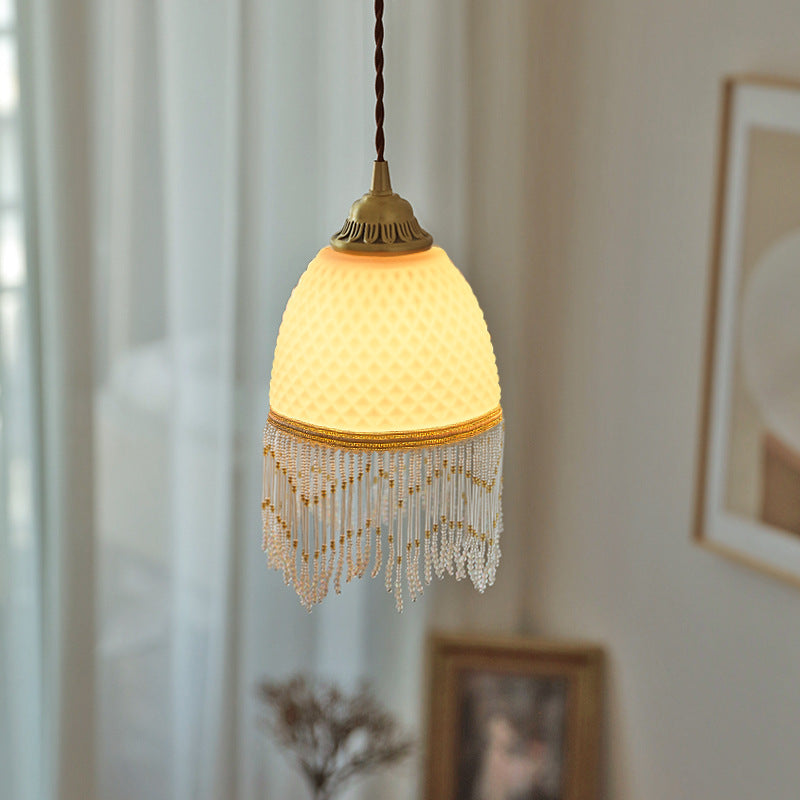 Traditional European Oval Tassel Glass Copper 1-Light Pendant Light For Bedroom