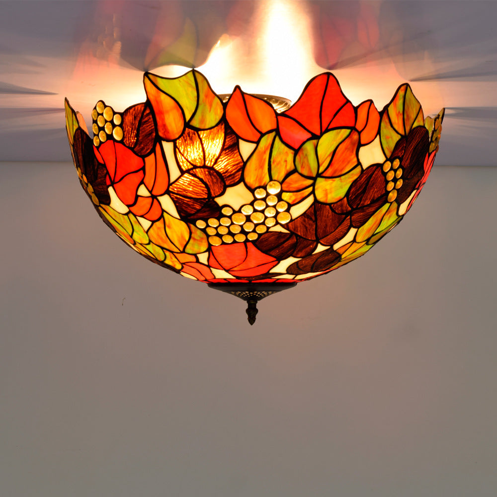 European Vintage Rustic Tiffany Stained Glass Iron 5-Light Flush Mount Lighting