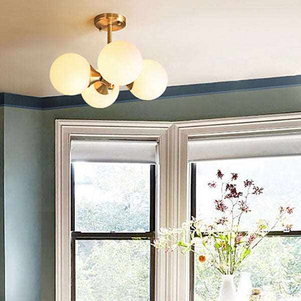 European Vintage Minimal Round Ball All Brass Glass 4-Light Semi-Flush Mount Light