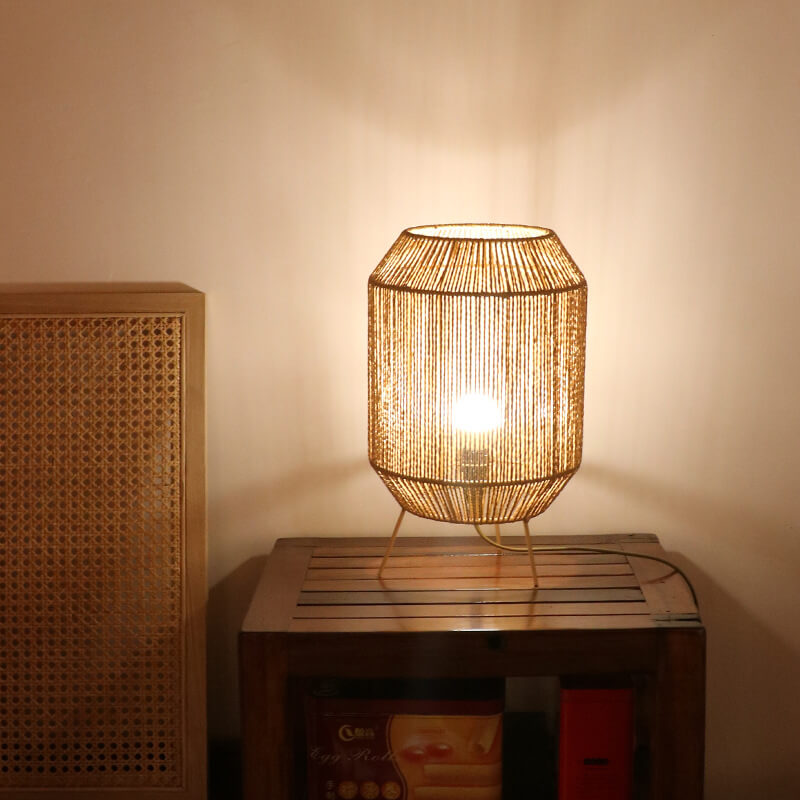 Traditional Rustic Hemp Rope Weaving Cage 1-Light Table Lamp For Study