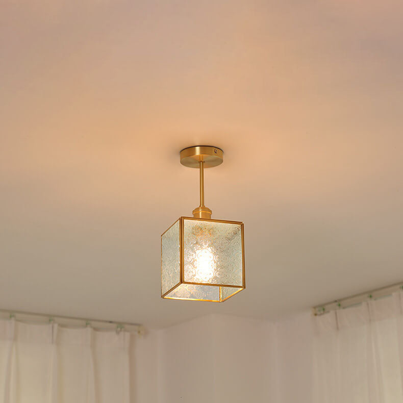 French Vintage Copper Gold Finish Frame Polygonal Glass 1-Light Semi-Flush Mount Ceiling Light