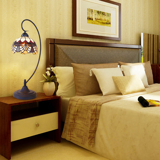 Traditional Tiffany Iron Glass Floral Whelk 1-Light Table Lamp For Study