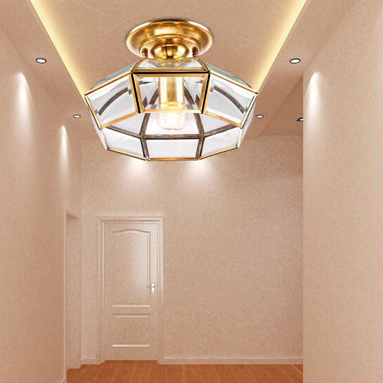 Modern Luxury Octagonal Brass Crystal Glass 1-Light Semi-Flush Mount Ceiling Light