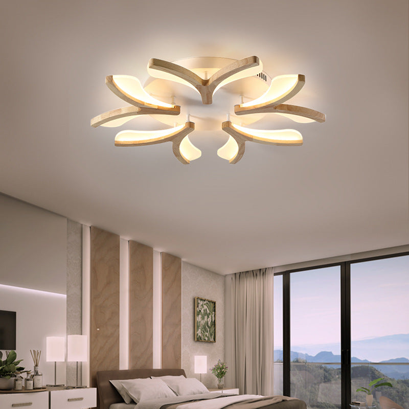 مصباح سقف LED شبه مدمج مصنوع من الخشب والحديد والأكريليك بتصميم أغصان أزهار إسكندنافية معاصر لغرفة المعيشة