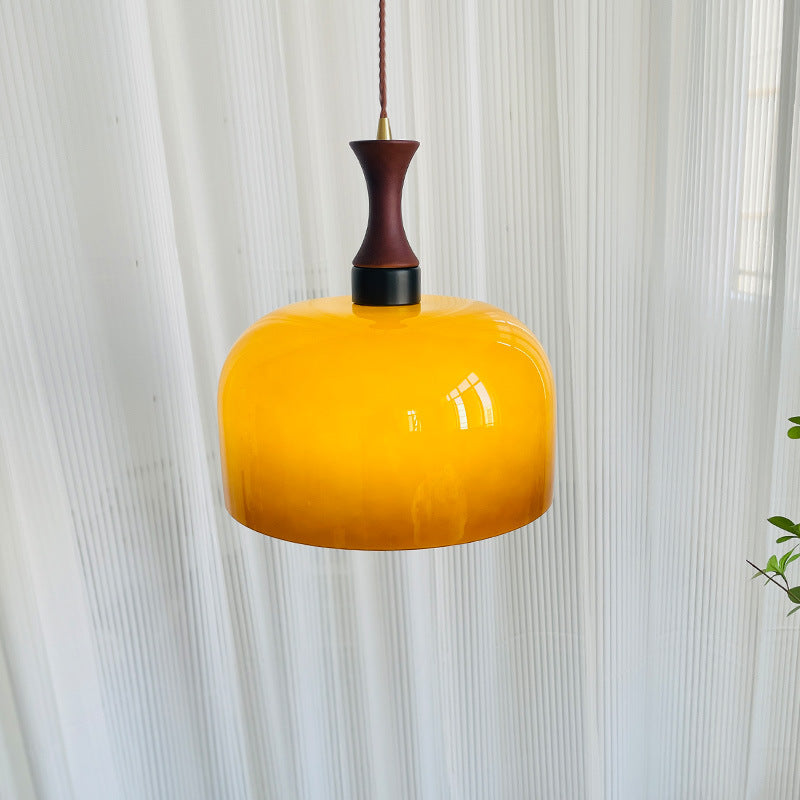 Traditional Vintage Wooden Glass Round Cylinder 1-Light Pendant Light For Living Room