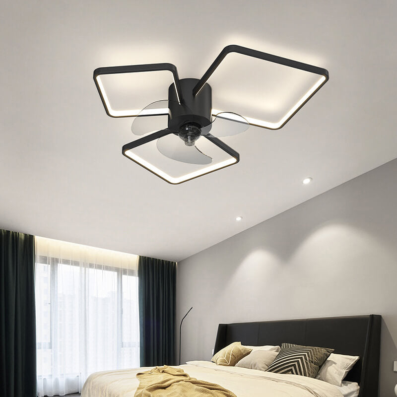 مروحة سقف LED بتصميم هندسي مربع دائري فاخر بإضاءة عصرية مثبتة على السقف