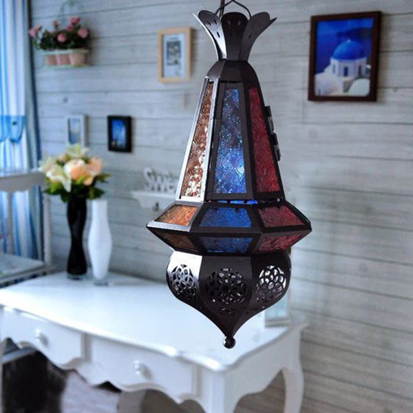 مصباح معلق عتيق من الزجاج الملون على شكل هيكل مغربي، قفص حديدي، مصباح واحد