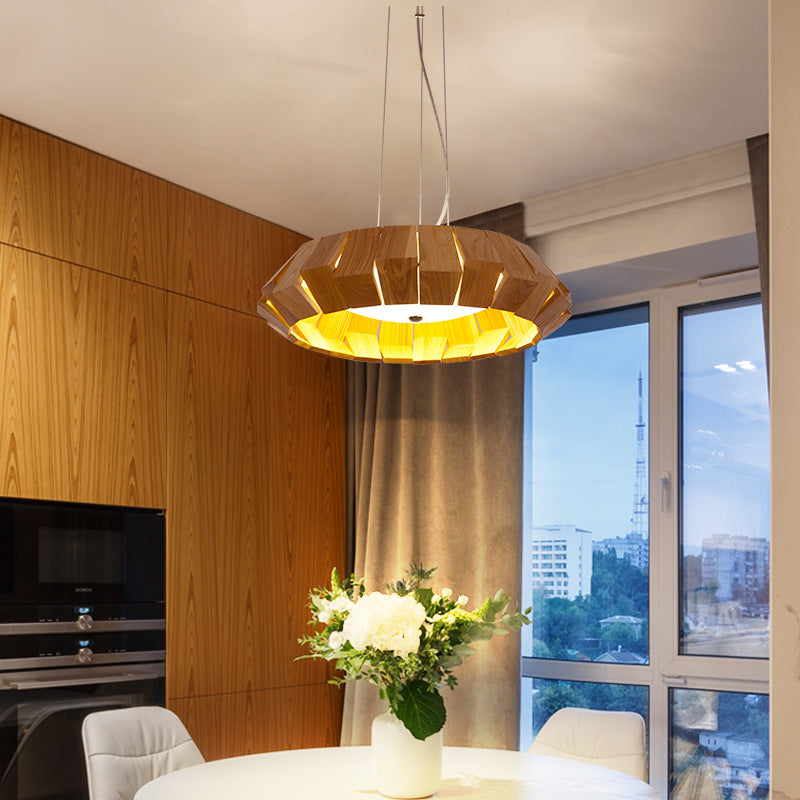 Contemporary Scandinavian Round Flying Saucer Wood Glass LED Chandelier For Living Room