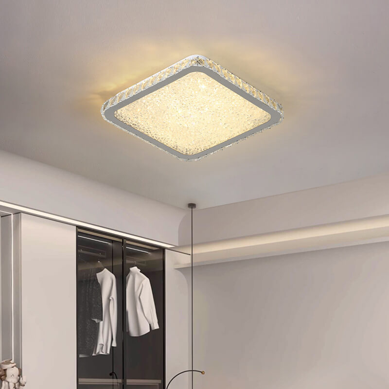 Modern Light Luxury Crystal Square Round Stainless Steel LED Flush Mount Ceiling Light