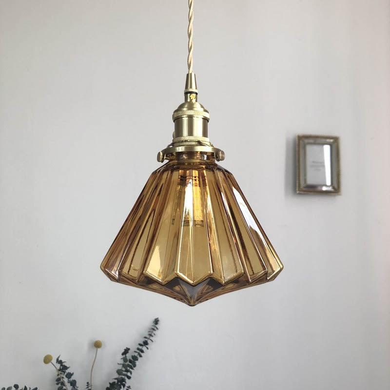 Modern Art Deco Brass Glass Diamond Shape 1-Light Pendant Light for Living Room