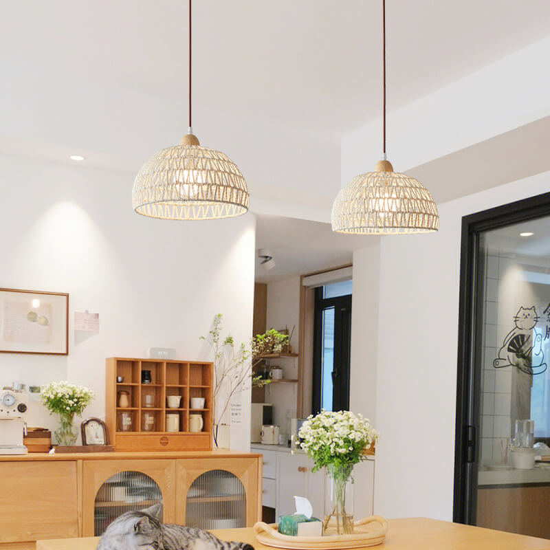 Contemporary Boho Wood Rattan Weaving Dome 1-Light Pendant Light For Dining Room