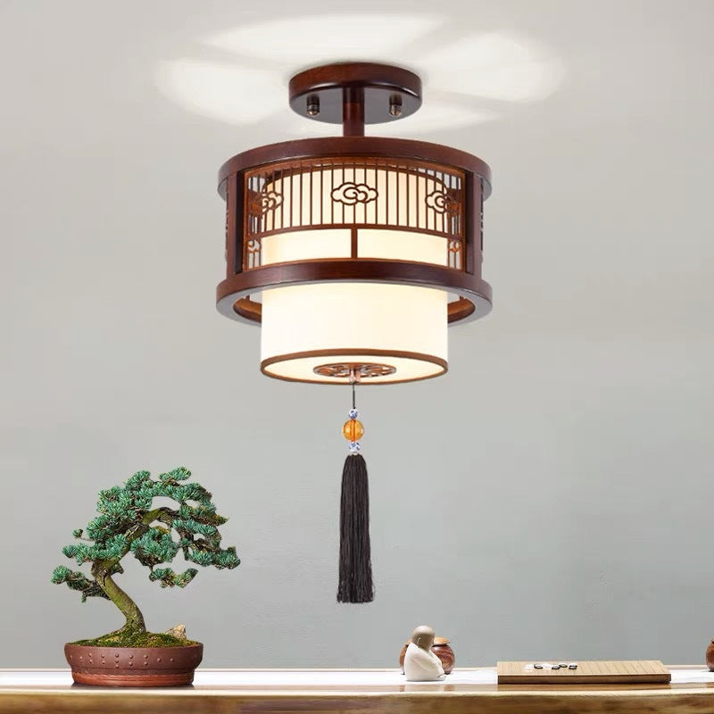 Traditional Chinese Solid Wooden Fabric Lantern Shade 1/3-Light Chandelier For Living Room