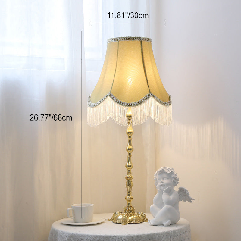 Traditional Vintage Copper Fabric Cylinder Fringed Trapezoid 1-Light Table Lamp For Bedroom