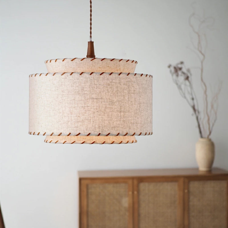 Contemporary Boho Double Cylinder Fabric Shade 1-Light Pendant Light For Living Room