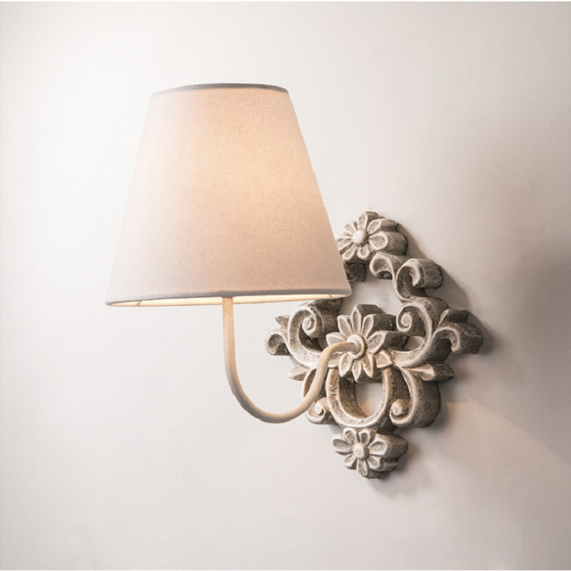Traditional Vintage Carved Cylinder Solid Wood Fabric 1-Light Wall Sconce Lamp For Bedroom