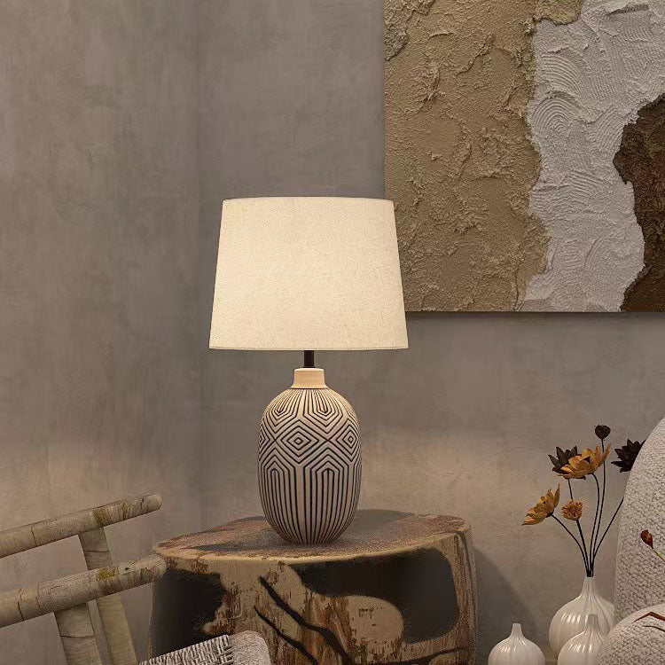 Traditional Japanese Striped Vase Base Ceramic Fabric 1-Light Table Lamp For Bedroom