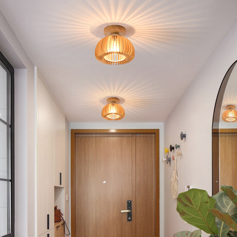 Traditional Japanese Iron Wood Round Grille 1-Light Semi-Flush Mount Ceiling Light For Hallway