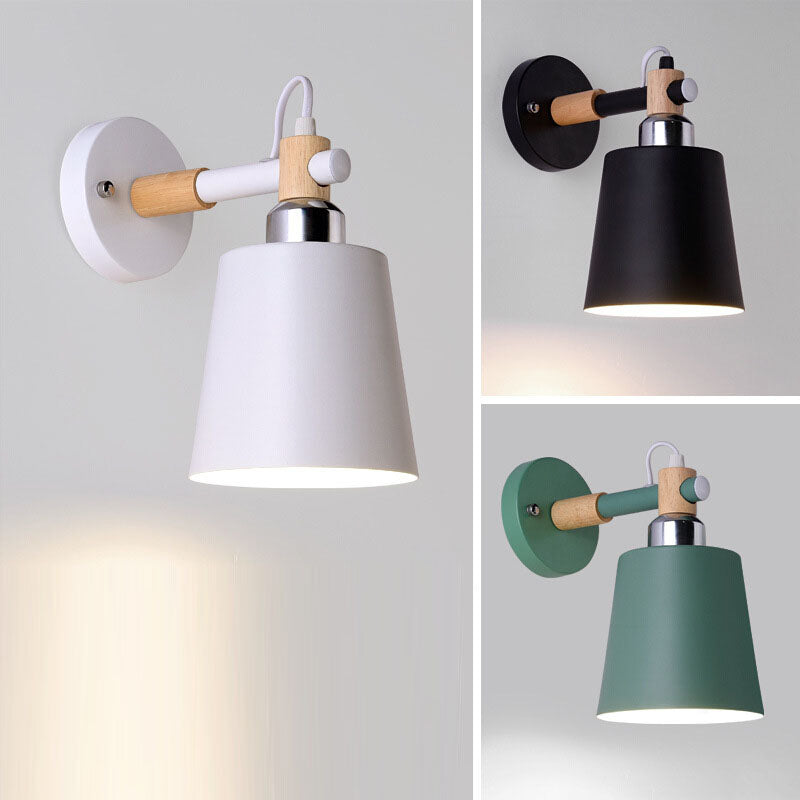 Contemporary Scandinavian Cylindrical Wooden Iron 1-Light Wall Sconce Lamp For Bedroom