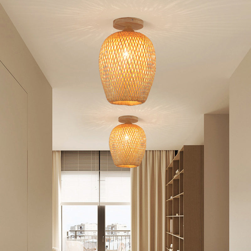 Modern Chinese Bamboo Woven Cylinder 1-Light Semi-Flush Mount Ceiling Light For Living Room