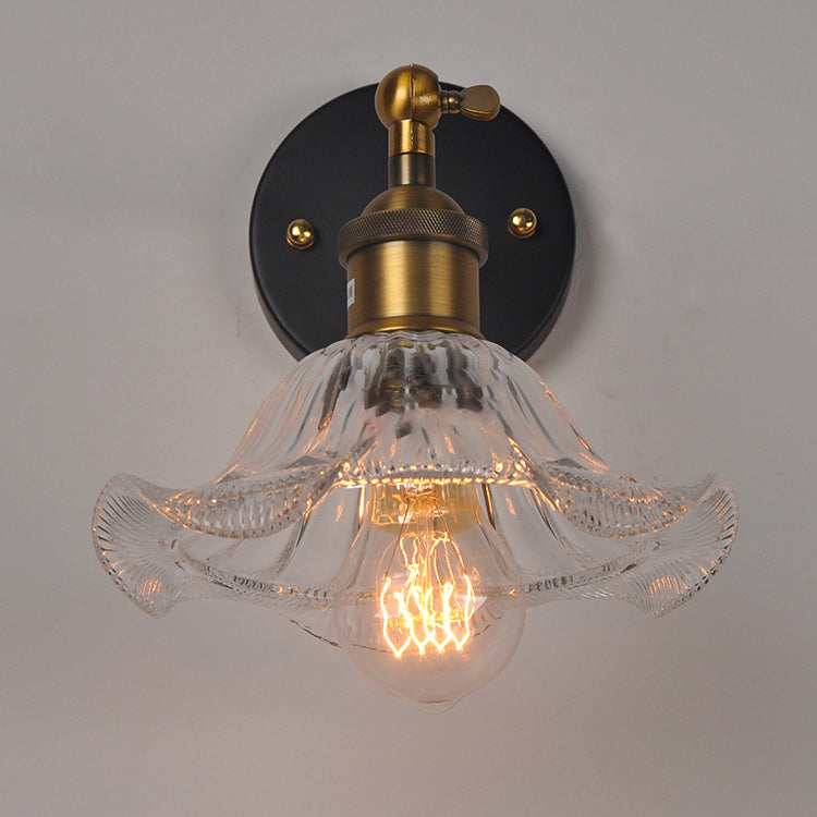 مصباح حائط عصري بتصميم عتيق على شكل زهرة من الحديد والزجاج، مزود بإضاءة واحدة، مناسب لجانب السرير