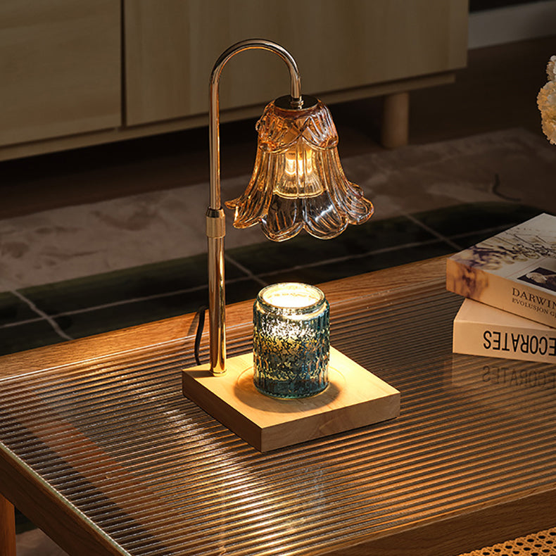 Modern Art Deco Floral Glass Metal Wood 1-Light Melting Wax Table Lamp For Bedroom