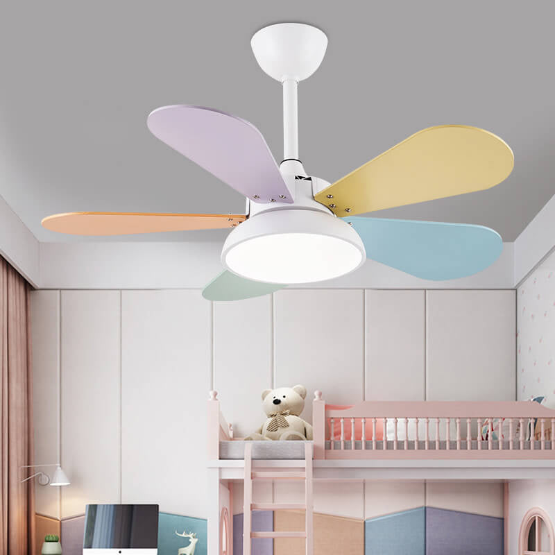 Simple Colorful Round Fan Leaf Kids Downrods Ceiling Fan Light