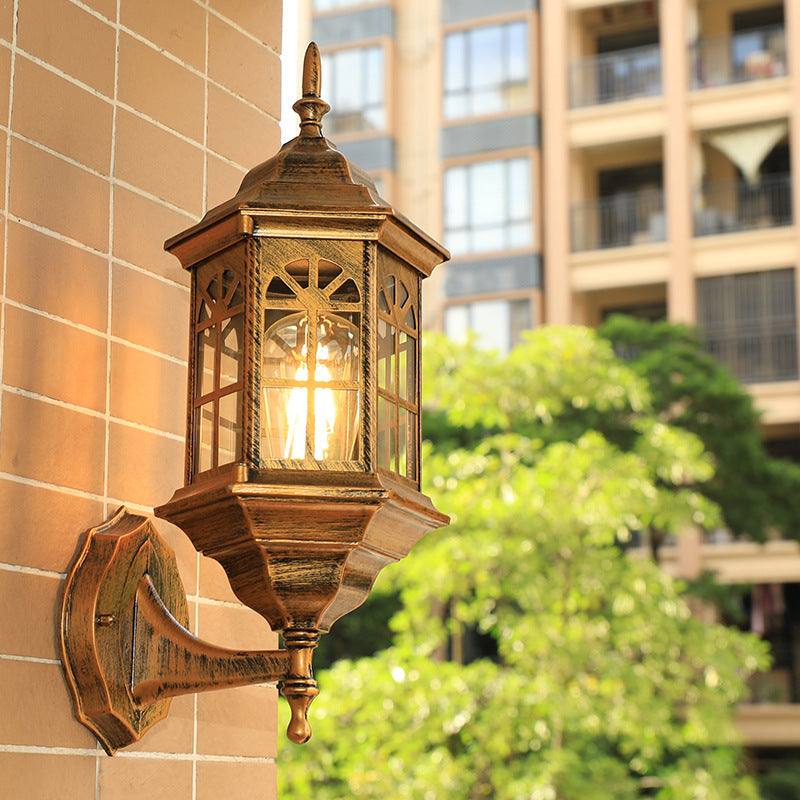 Traditional European Aluminum Alloy Castle Design Glass 1-Light Waterproof Wall Sconce Lamp For Outdoor Patio