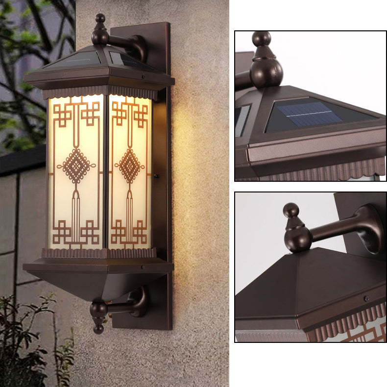 Traditional Chinese Aluminum Square Chinese Knot Pattern LED Waterproof Solar Wall Sconce Lamp For Outdoor Patio