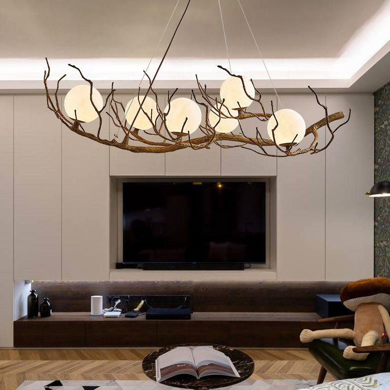 現代的でクリエイティブな木の枝、鉄樹脂ガラス、ダイニングルーム用6灯シャンデリア