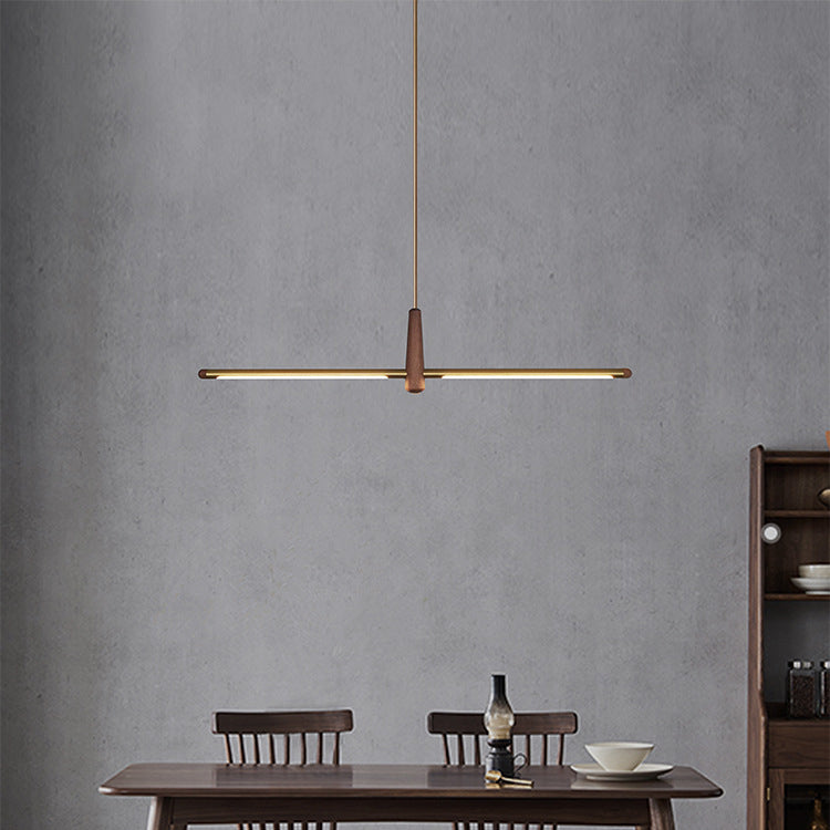 Contemporary Scandinavian Copper Brass Wood Strip LED Kitchen Island Light Chandelier For Dining Room