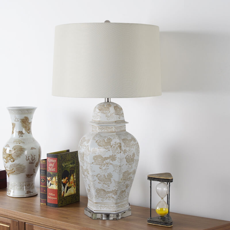 Vintage Palace Ceramics Base Fabric Drum Shade 1-Light Table Lamp