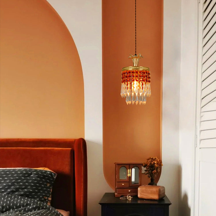 مصباح معلق دائري عتيق تقليدي مصنوع من النحاس والكريستال ومصباح واحد لغرفة المعيشة