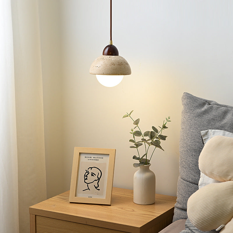 Nordic Modern Minimalist Semi-Circular Plate Yellow Travertine Solid Wood Glass 1-Light Pendant Light