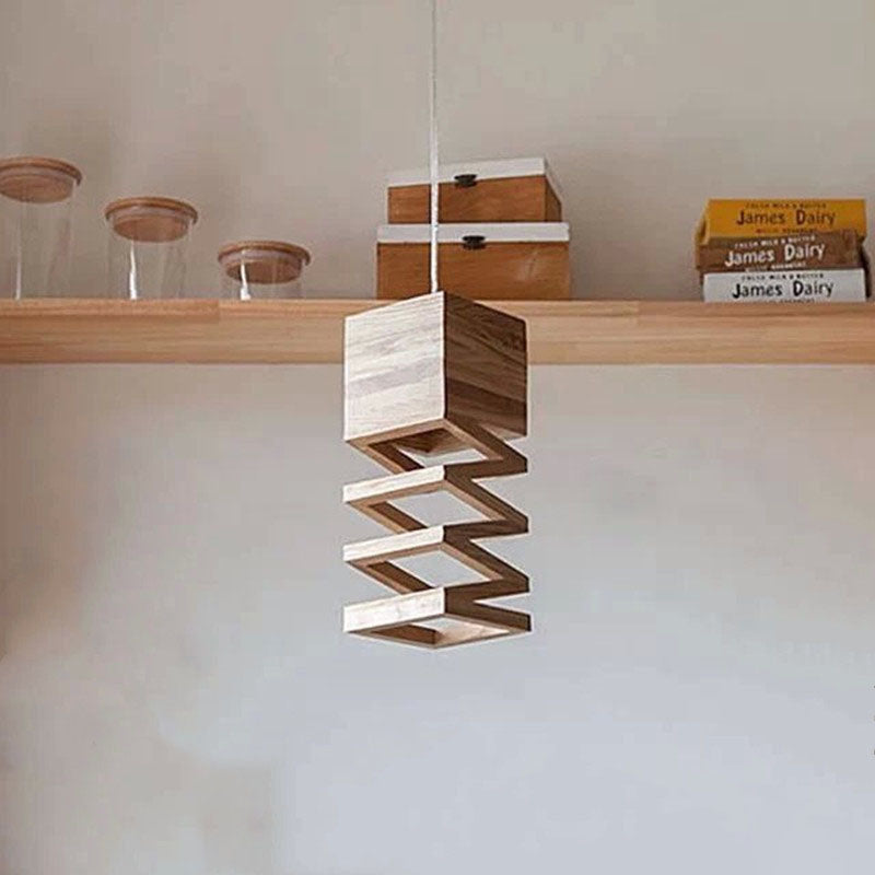 Traditional Japanese Wooden Spring Cube Shade 1-Light Pendant Light For Dining Room