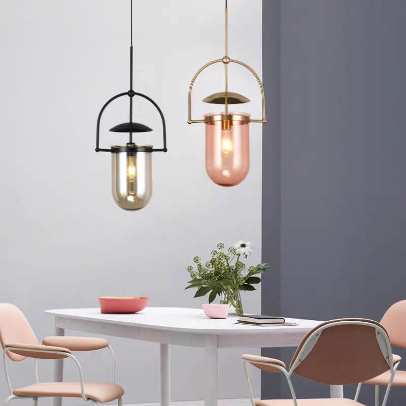 Modern Simplicity Cylinder Half Circle Iron Glass 1-Light Pendant Light For Living Room