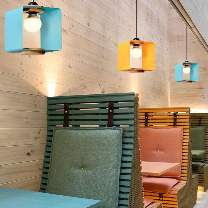 Nordic Creative Iron Solid Wood Square Geometry 1-Light Pendant Light