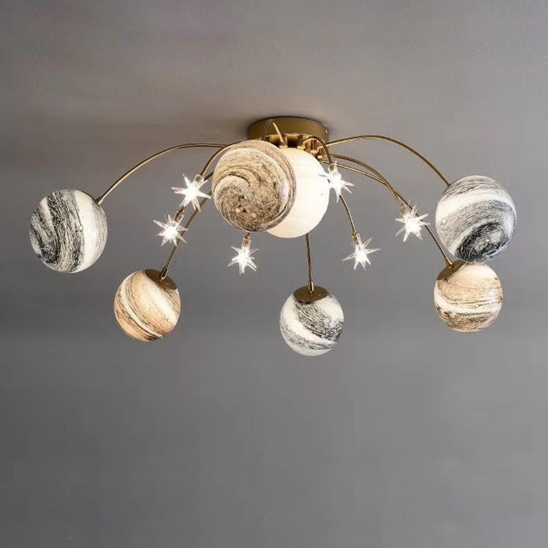 Contemporary Nordic Kids Iron Glass Ball Earth Planet 13-Light Semi-Flush Mount Ceiling Light For Bedroom