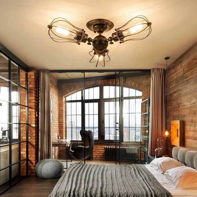 Contemporary Industrial Iron Cage Grill 3/4 Light Semi-Flush Mount Ceiling Light For Living Room